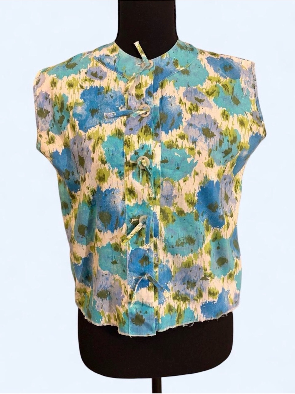 Vintage 60s Blue & Green Floral Blouse
